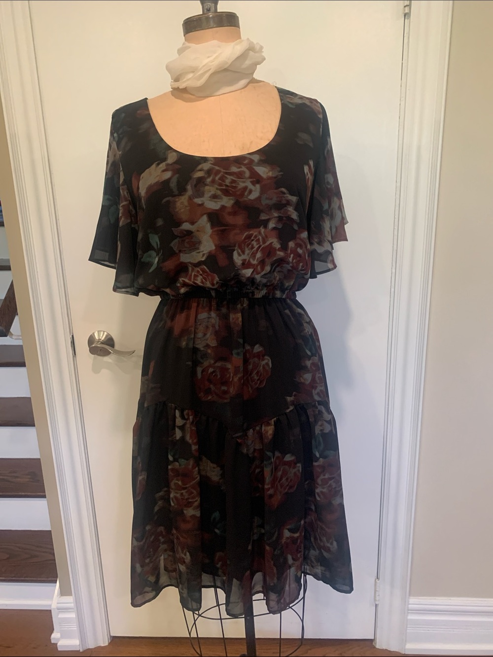 torrid Black Floral Midi Dress with Sheer Flutter Sleeves